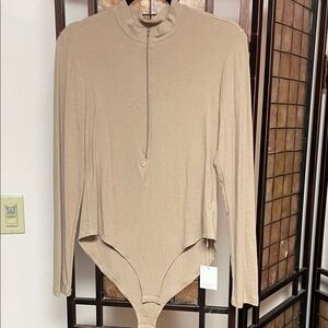 Mango Beige Zip-Front Long Sleeve Bodysuit